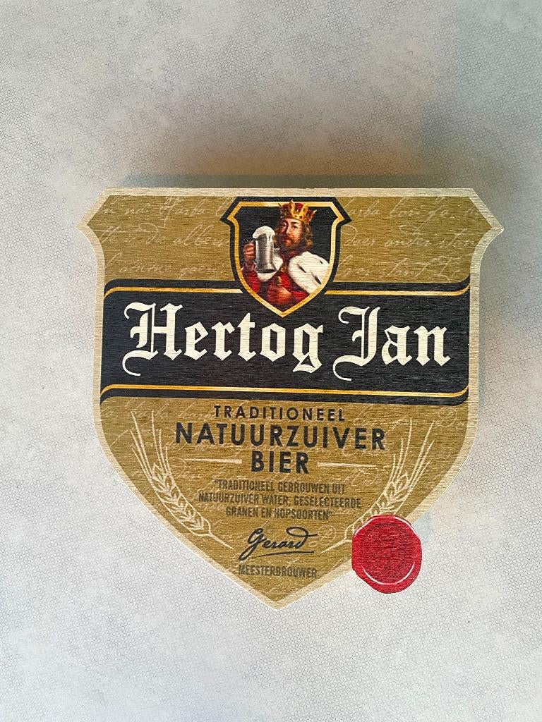 Reclamebord hout Hertog Jan bier logoschild etiket,40x40 cm, Ophalen of Verzenden, Nieuw, Reclamebord