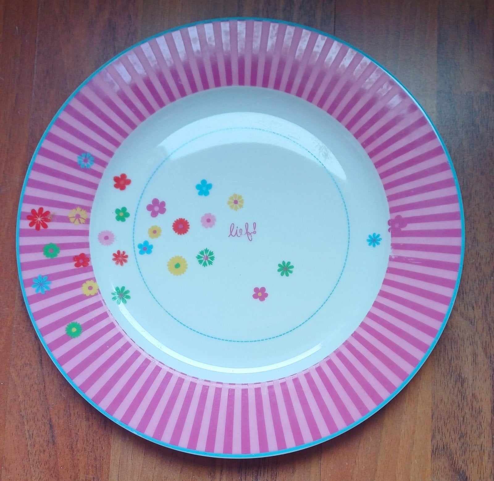 Lief! bord met bloemetjes en strepen, roze/wit, Ophalen of Verzenden, Zo goed als nieuw, Bord(en), Overige stijlen