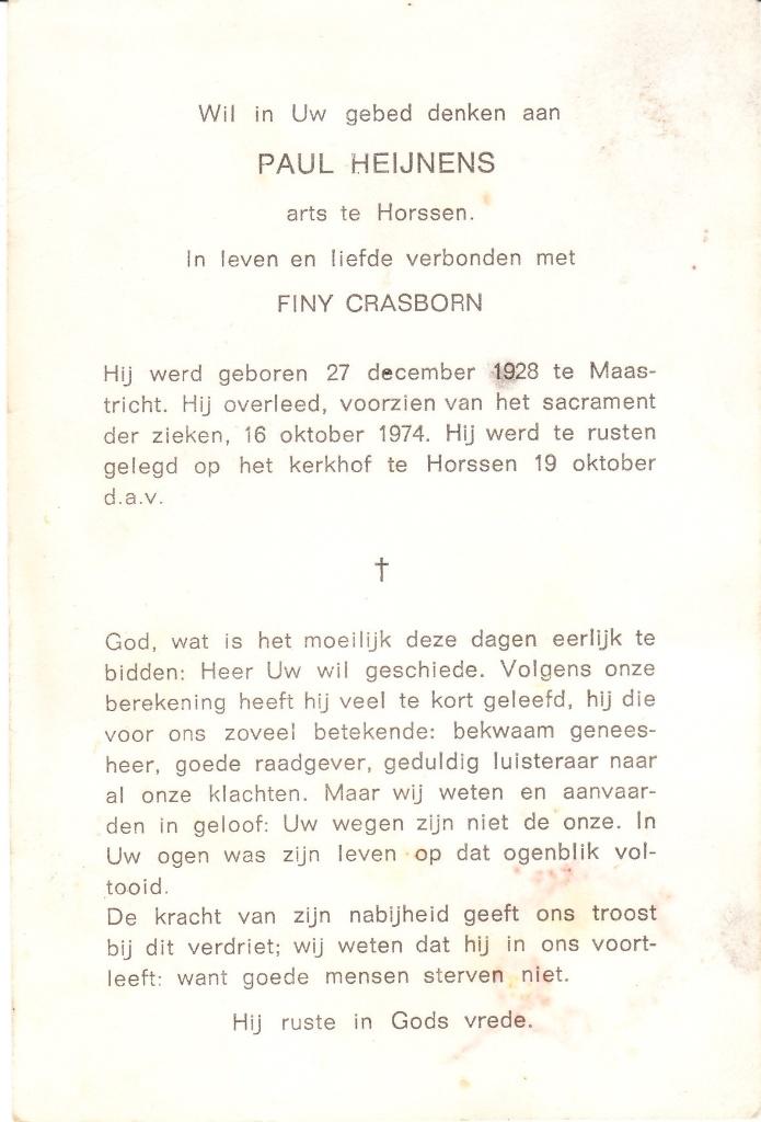 Maastricht 1928 - Horssen 1974 Paul Heijnens + knipsel krant, Verzamelen, Ophalen of Verzenden, Bidprentje