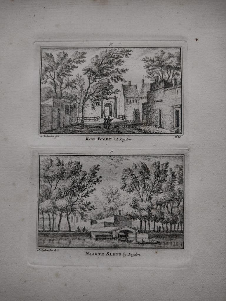 097-098 Leiden Koe Poort en Naakte Sluis Kopergravure dl 3, Ophalen of Verzenden