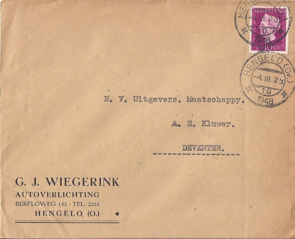 HENGELO(O) 1948 G J WIEGERINK Autoverlichting Berfloweg 132, Verzenden, 1940 tot 1960, Gelopen, Overijssel