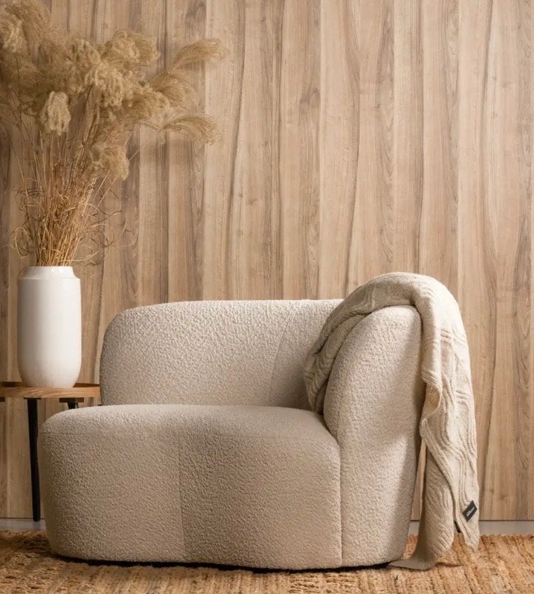 WOOOD fauteuil Stone crème bouclé stof met leuning rechts, Ophalen, Minder dan 75 cm, Zo goed als nieuw, 100 tot 125 cm