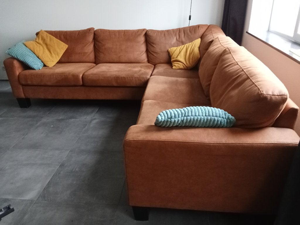 Hoekbank cognac microvezel, Huis en Inrichting, Banken | Bankstellen, 250 tot 300 cm, Hoekbank, 75 tot 100 cm, Zo goed als nieuw