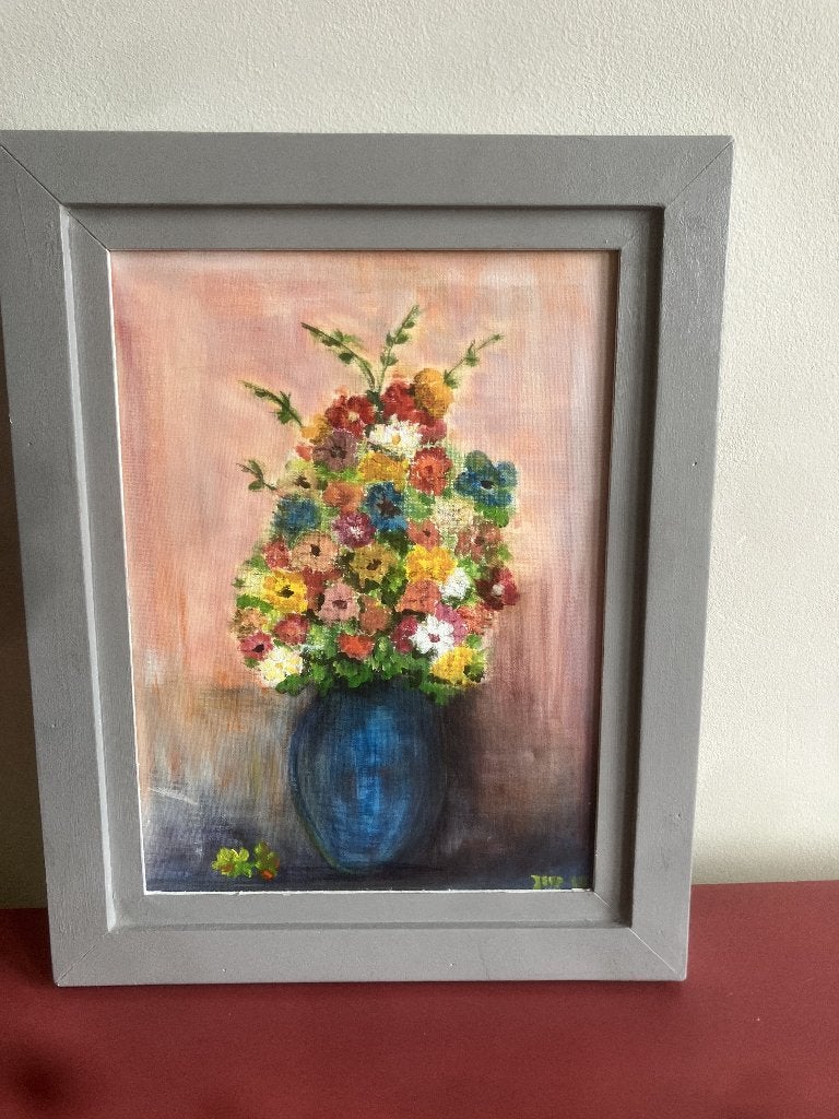 Amateuritisch schilderij van bloemstilleven in blauwe vaas, Antiek en Kunst, Ophalen of Verzenden