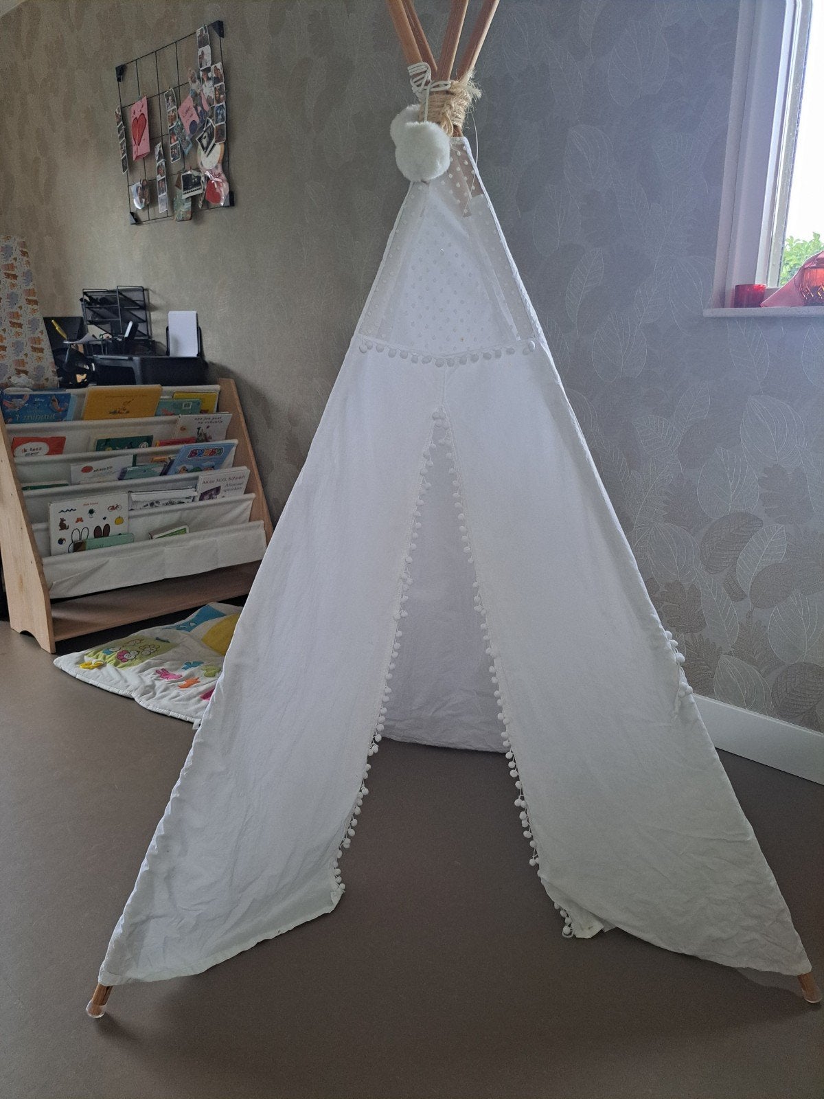 Witte kinder tipi speeltent met pompons, Ophalen, Hout