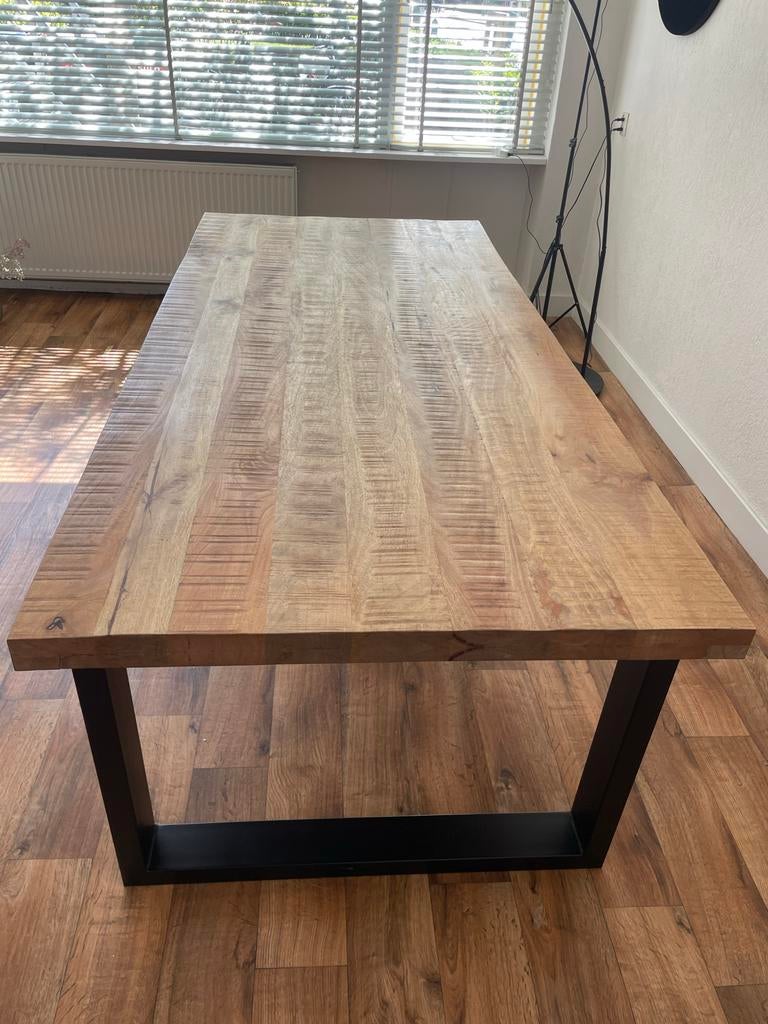 Eettafel mangohout 220x100, Ophalen, 100 tot 150 cm, Robuust mangohout met metaal onderstelsel, 200 cm of meer