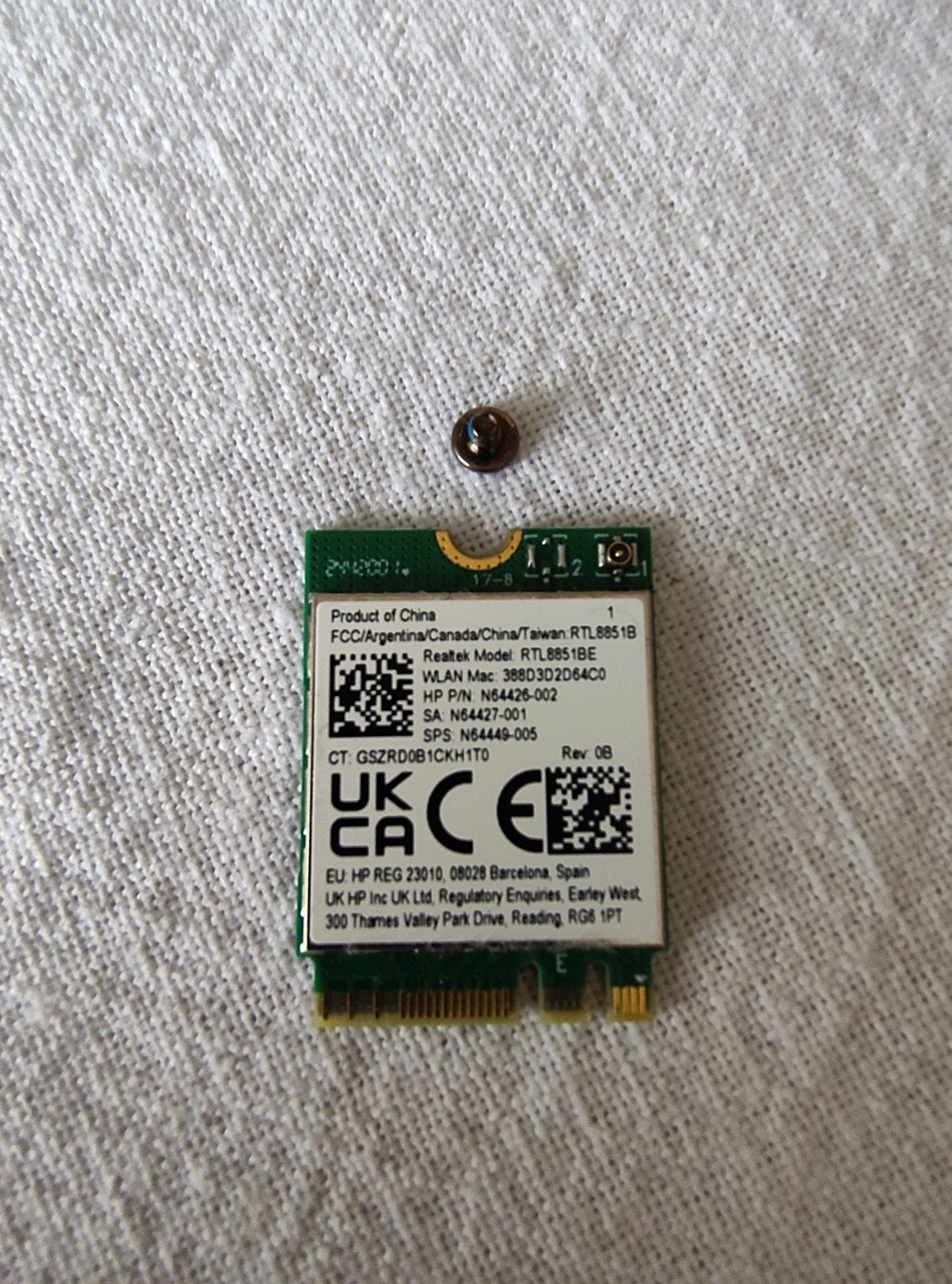 HP Realtek RTL8851BE WLAN Kaart - N64426-002, Computers en Software, Ophalen of Verzenden, Zo goed als nieuw, Intern, HP