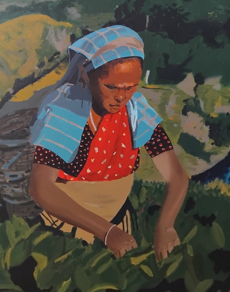 Origineel olieverfschilderij op doek. Theepukster. 80х80 cm., Ophalen of Verzenden, Olieverf, Figuren