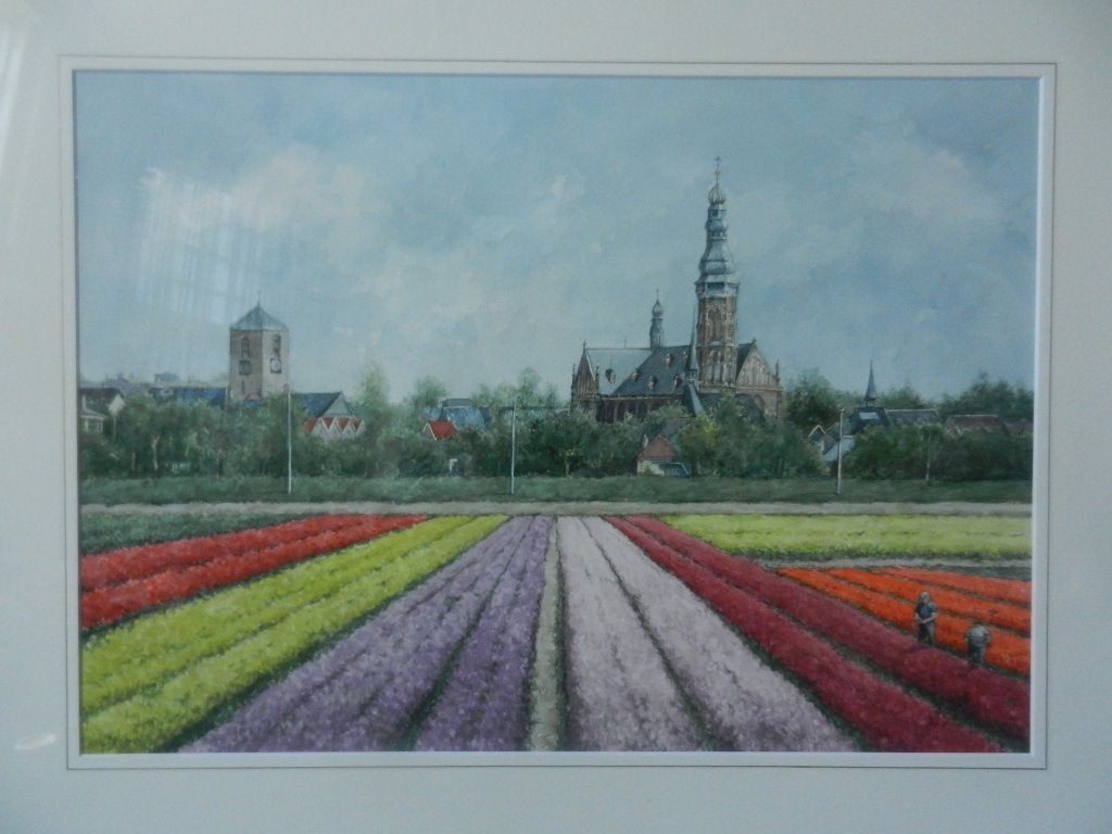 Grote aquarel Lisse met bollenvelden Aad Mustert 46x65 cm, Gesigneerd, Impressionistisch, Ophalen of Verzenden, Aquarel