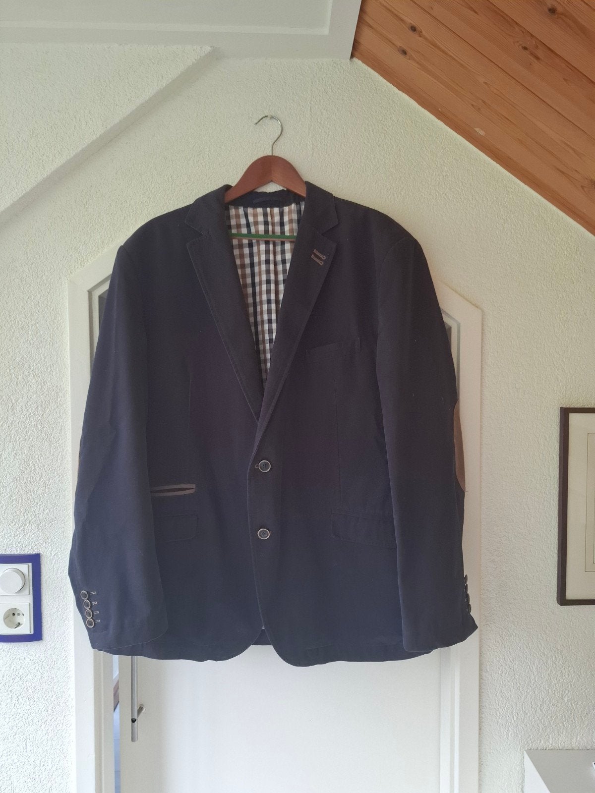 Stijlvol heren colbert met ruitjesvoering en elleboogstukken, Maat 52/54 (L), Blauw, STNS, Ophalen of Verzenden