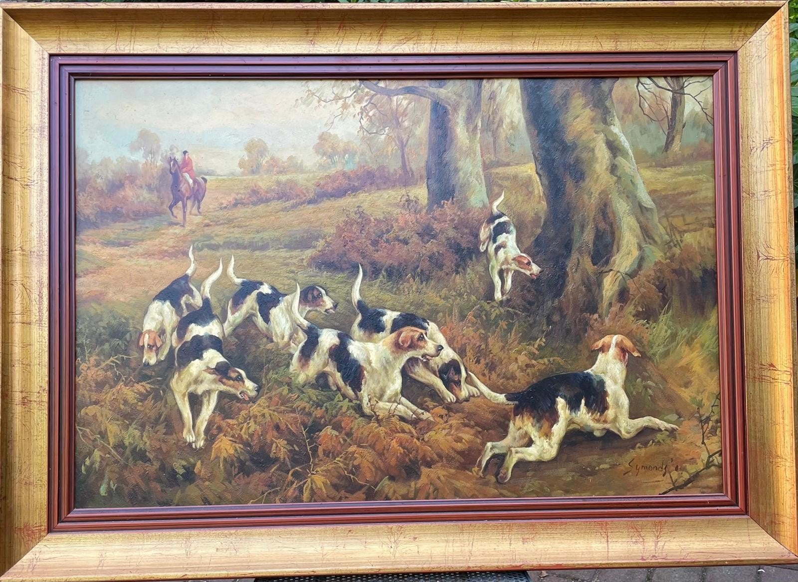Jachttafereel met honden, gesigneerd Symonds '04, Ophalen