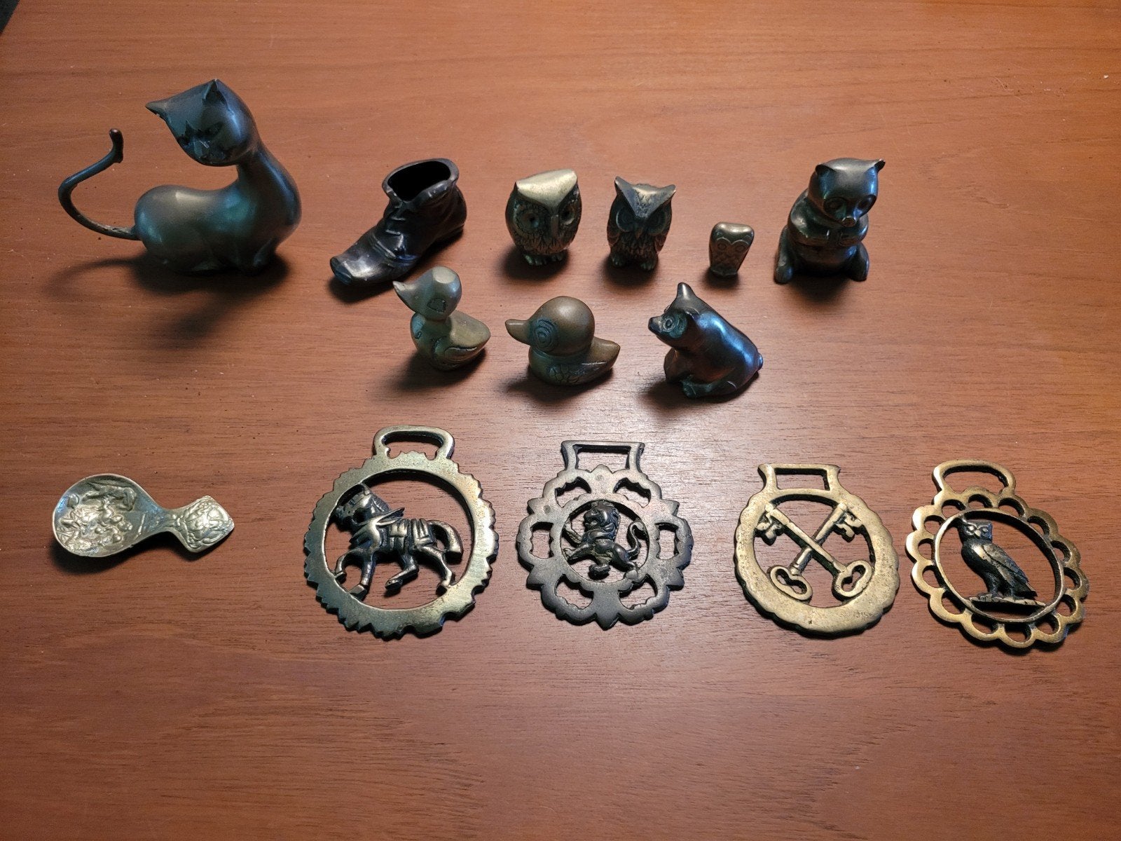 messing beeldje beeldjes kat eend uil beer koper horse brass, Ophalen of Verzenden, Koper