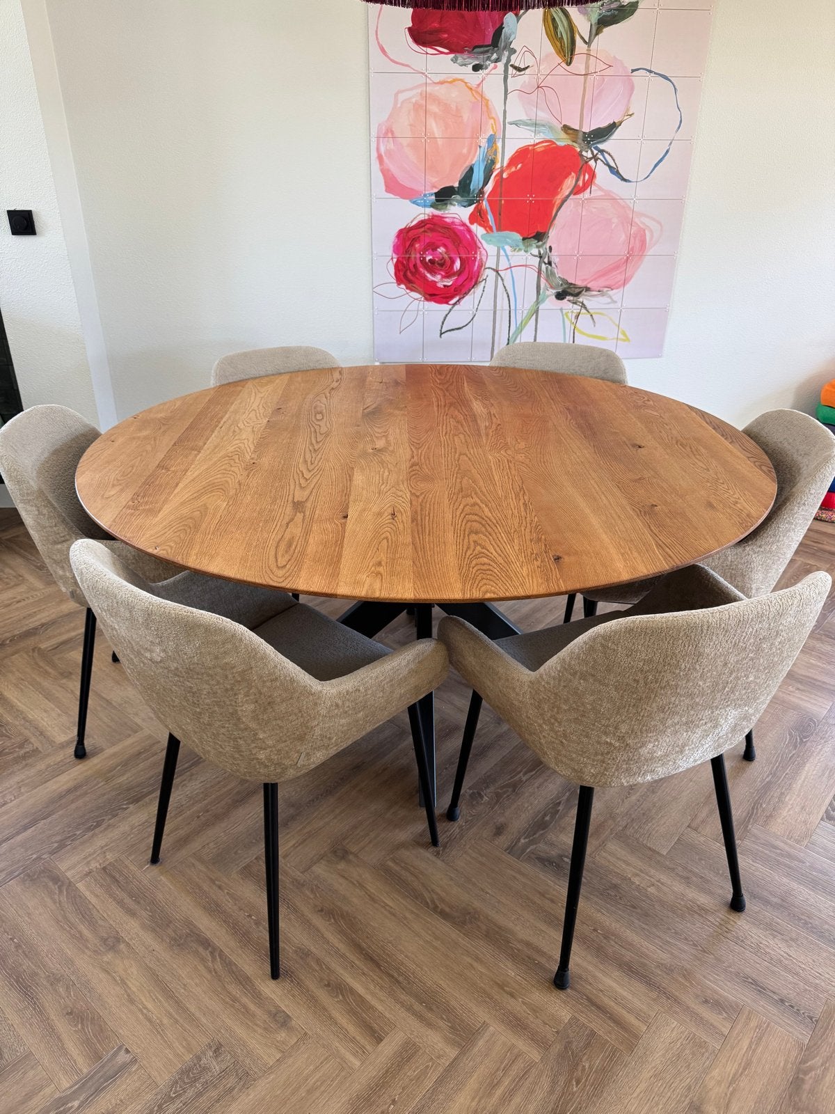 Ronde eettafel eiken blad 160 cm met matrixpoot, Ophalen, 150 tot 200 cm, Zo goed als nieuw, Vijf personen of meer