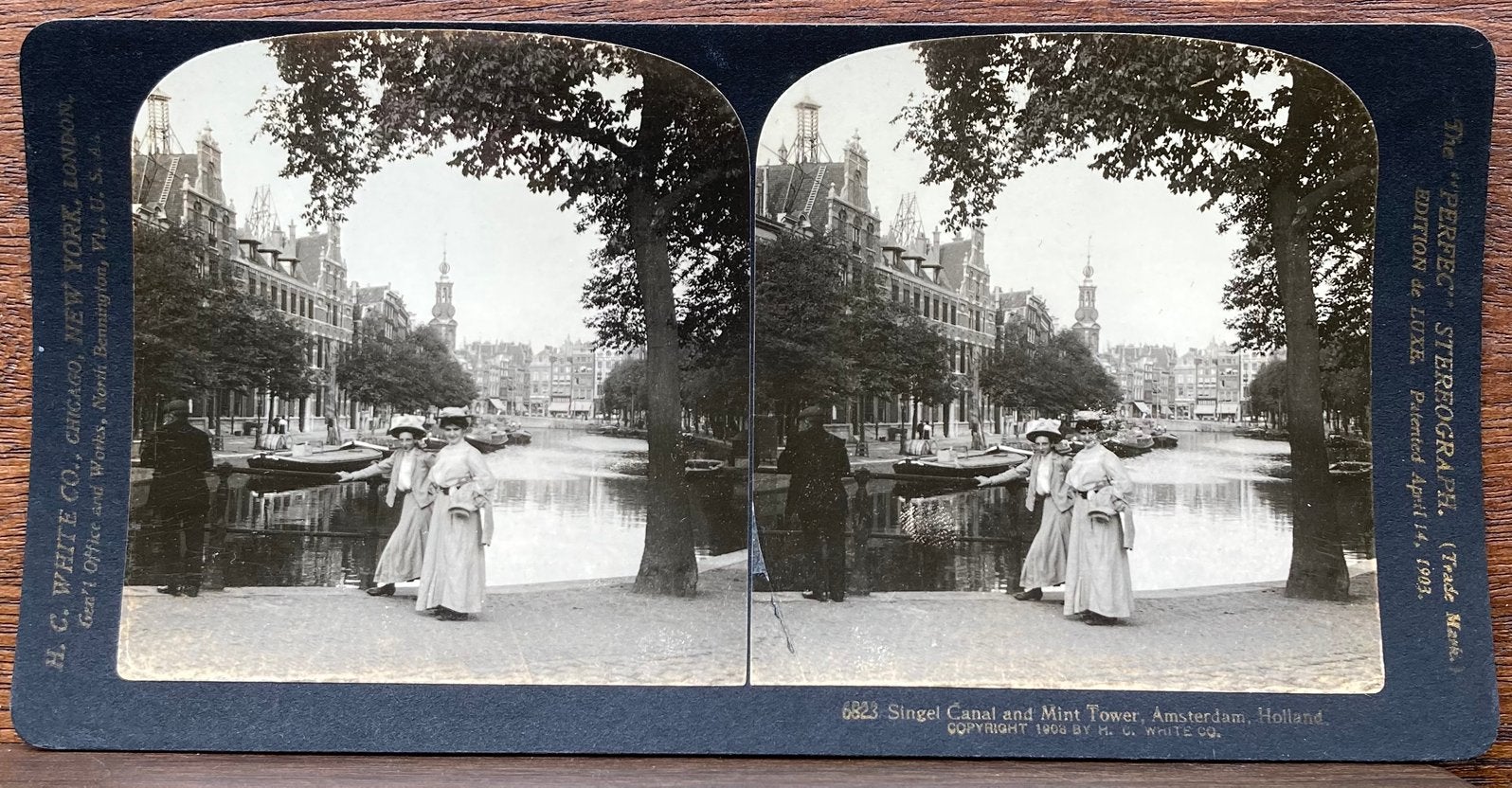 Stereofoto SINGEL en MUNTTOREN AMSTERDAM 1908, Verzamelen, Foto's en Prenten, Gebruikt, Verzenden, Foto, Gebouw