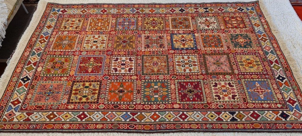 Perzisch tapijt Kelim Soumak 202 x 132/wandkleed/tafelkleed, 100 tot 150 cm, Www.simatapijten.nl, Nieuw, Ophalen of Verzenden