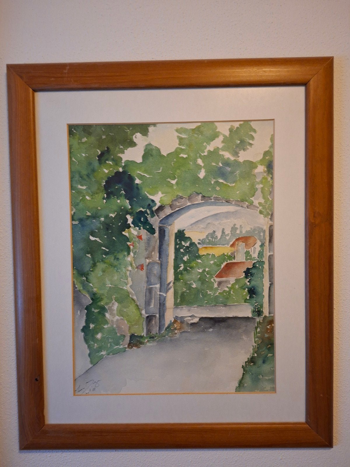 Ingelijst en gesigneerd schilderij, aquarel, landschap, Ophalen