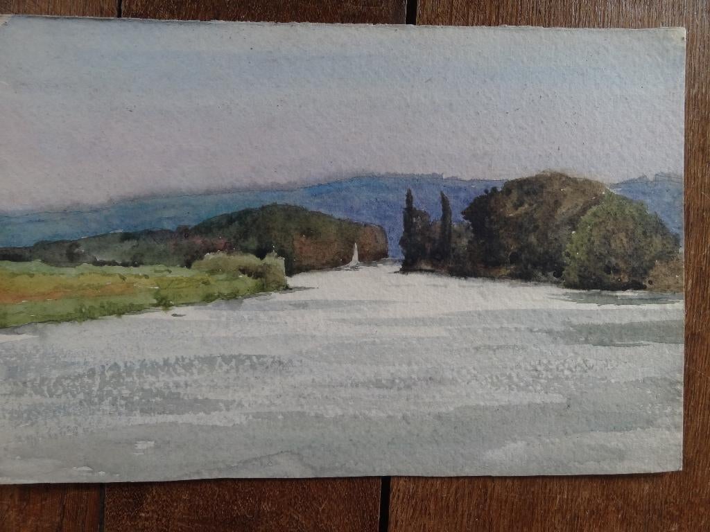 aquarel , landschap met rivier of meer, bergen, etc, Verzenden
