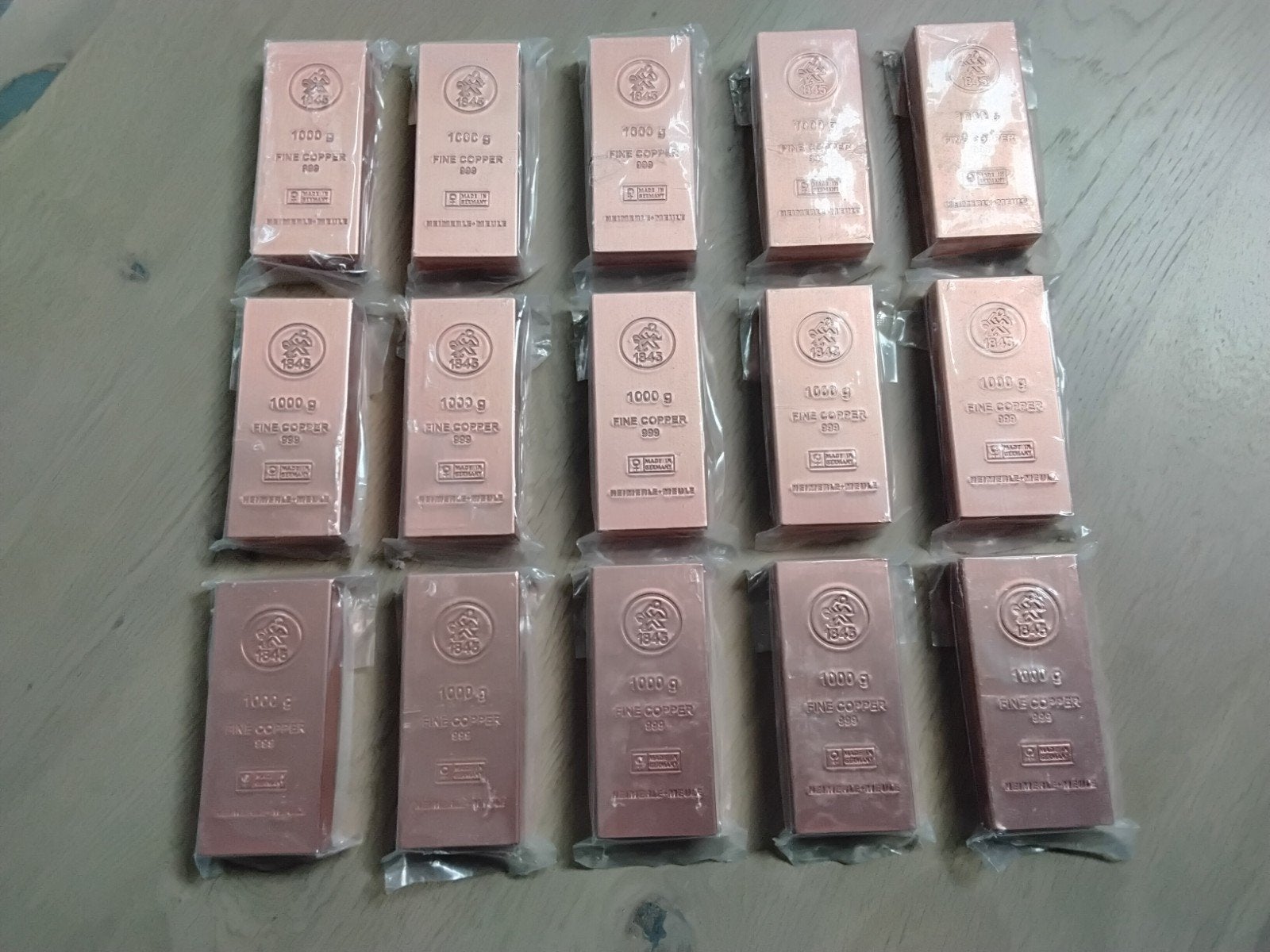 15x #Koperbaren 1 kilogram Heimerle en Meule fine Koper .999, Postzegels en Munten, Ophalen of Verzenden, Koper