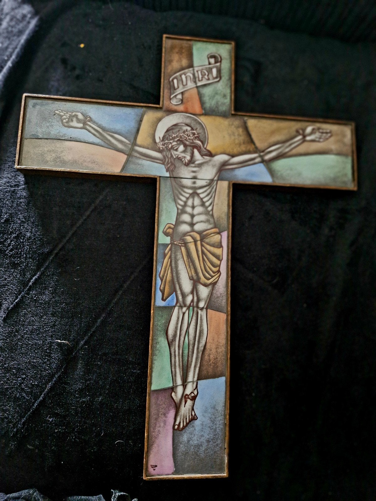 Opaline ingelegd glas en lood in houten kruis gemaakt, Ophalen, Overige typen, Christendom | Katholiek