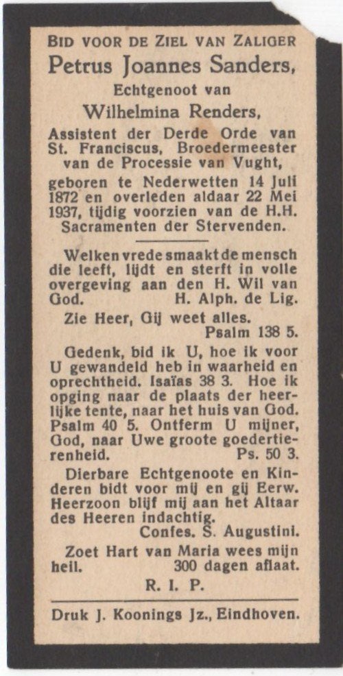 Petrus J. Sanders 1872 Nederwetten + 1937 aldaar, 64 jaar, Ophalen of Verzenden