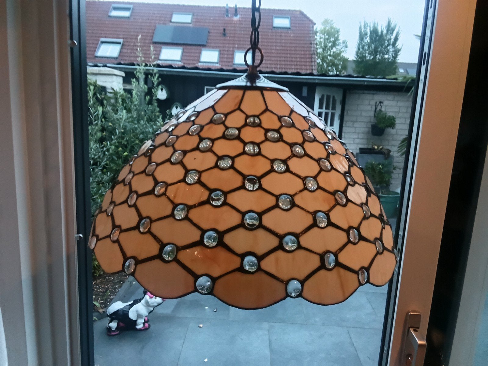 Tiffany Stijl Hanglamp met Kristallen, Zo goed als nieuw, Glas, Tiffany, Klassiek, Art Deco, E27 (groot)