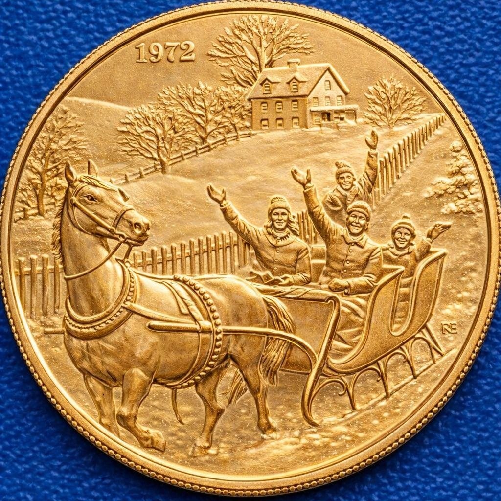 Franklin Mint Kerstkaartmedaille - Thuis voor Kerstmis 1972, Verzenden, Brons, Buitenland