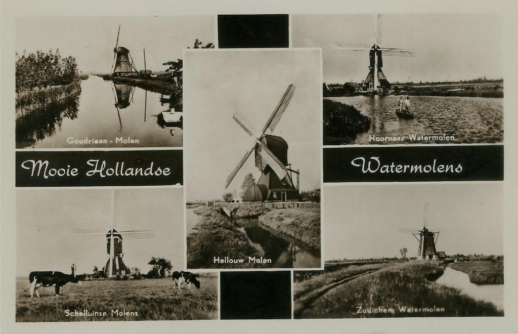 5 x molen Zuid-Holland Gelderland 1958, Ophalen of Verzenden, 1940 tot 1960, Gelopen, Zuid-Holland