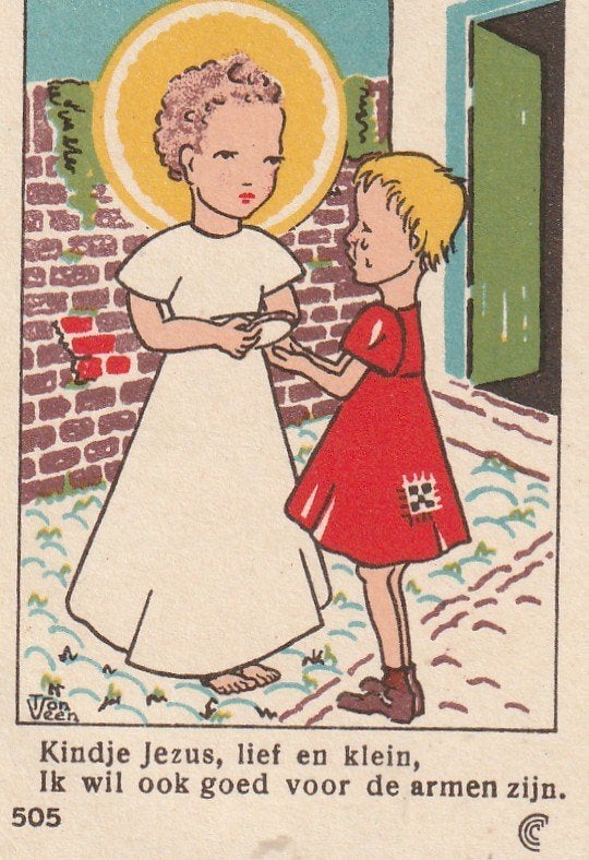 Vintage prentje Kindje Jezus en arm kind, Ophalen of Verzenden, Gebruikt, Kaart of Prent, Christendom | Katholiek