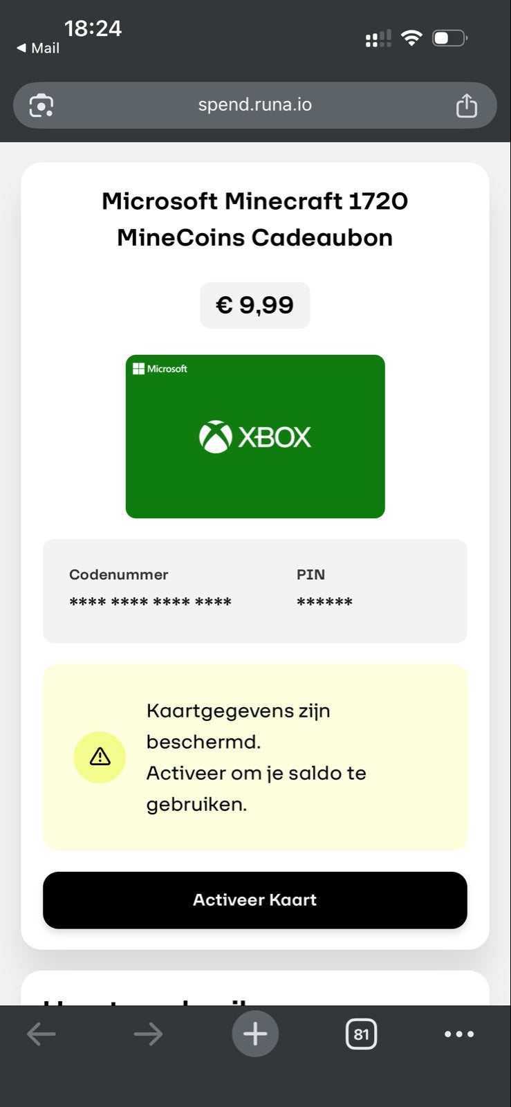 Microsoft Minecraft 1720 MineCoins Cadeaubon, Cadeaubon, Overige typen