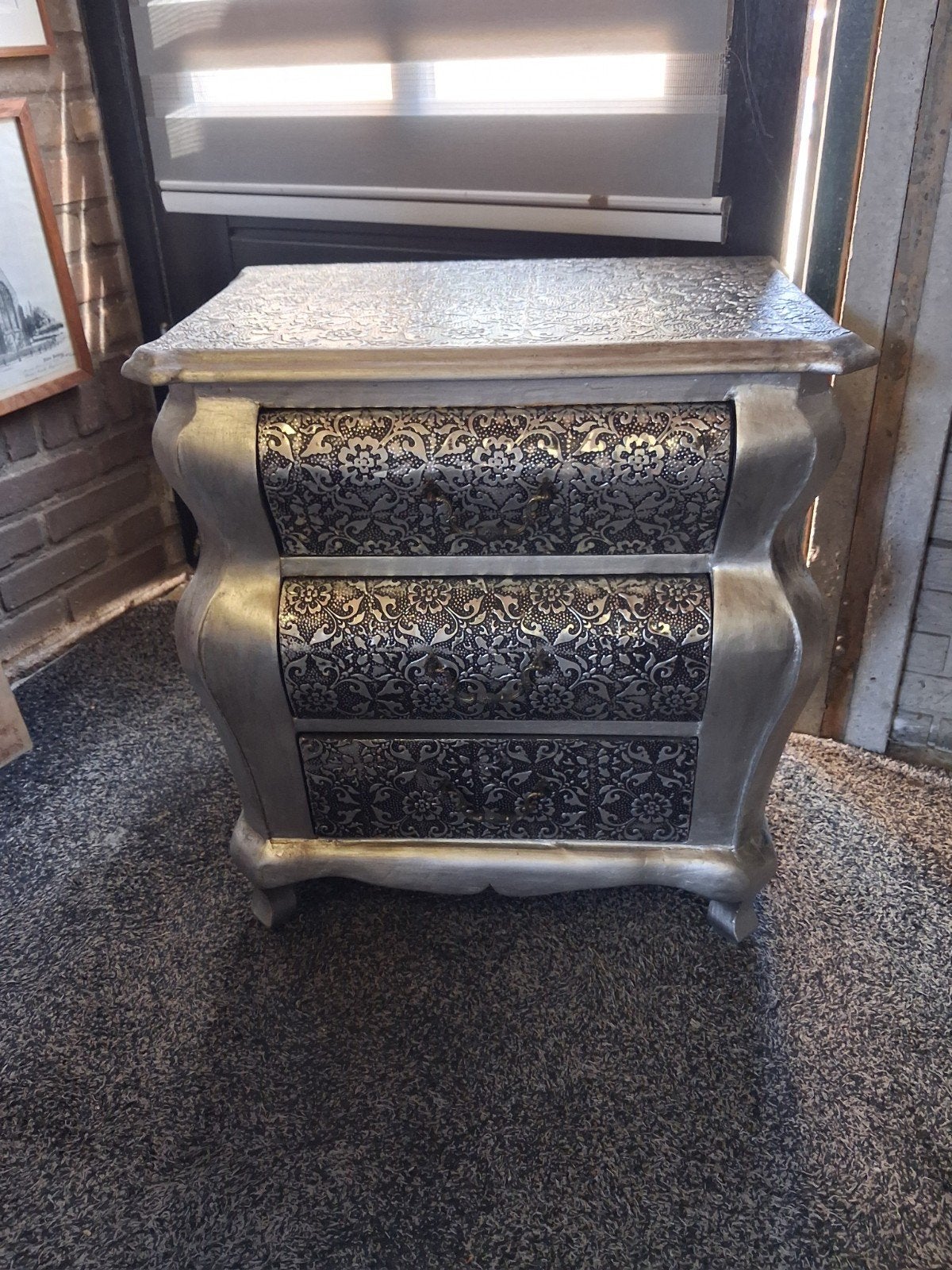 Leuk zilver brocant ladekastje, Ophalen, 50 tot 100 cm, 3 of 4 laden, Minder dan 100 cm