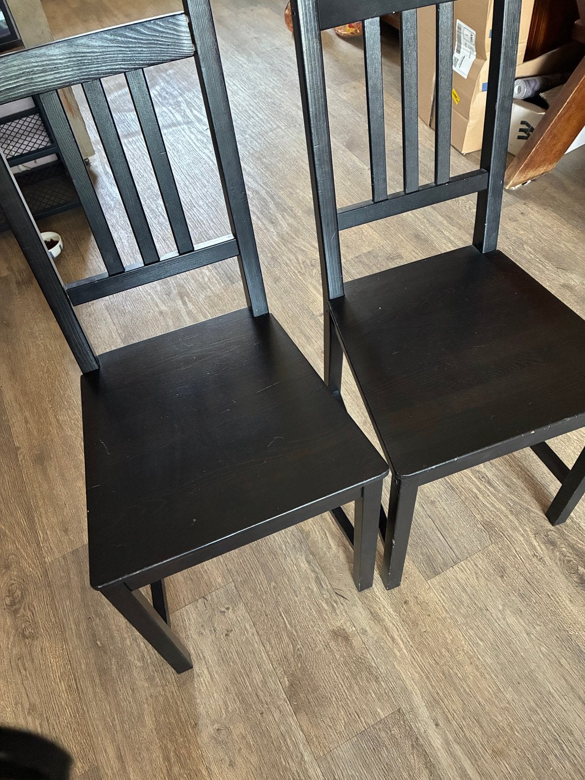 4 zwarte houten eetkamerstoelen, Huis en Inrichting, Ophalen, Gebruikt, Zwart, Vier