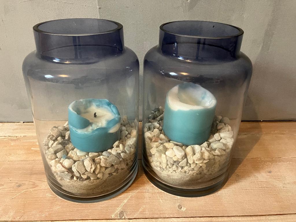 2 glazen vazen vaas blauw windlichten evt +kaarsen en zand, Blauw, Ophalen of Verzenden, Minder dan 50 cm, Glas