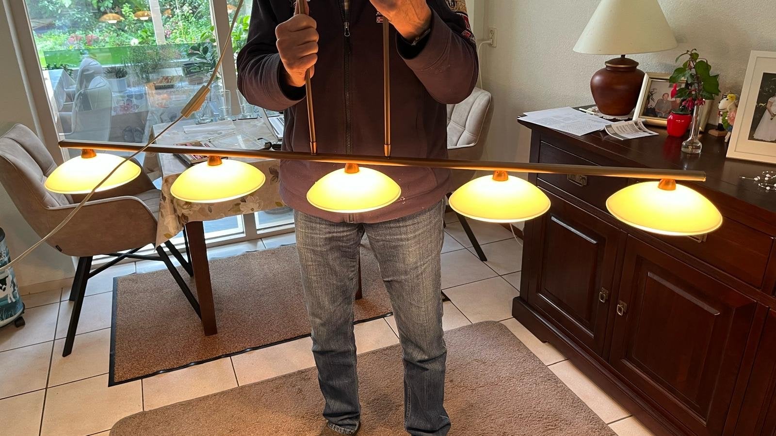 Steinhauer bronskleurige hanglamp met 5 Lichtpunten, Huis en Inrichting, Ophalen, Gebruikt, Glas, Steinhauer bronskleurige hanglamp