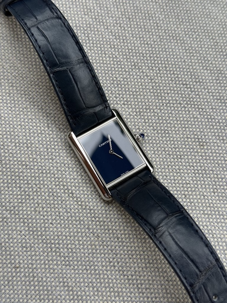 Cartier Tank Must Blue WSTA0055, Sieraden, Tassen en Uiterlijk, Horloges | Heren, Overige merken, Leer, Staal, Polshorloge