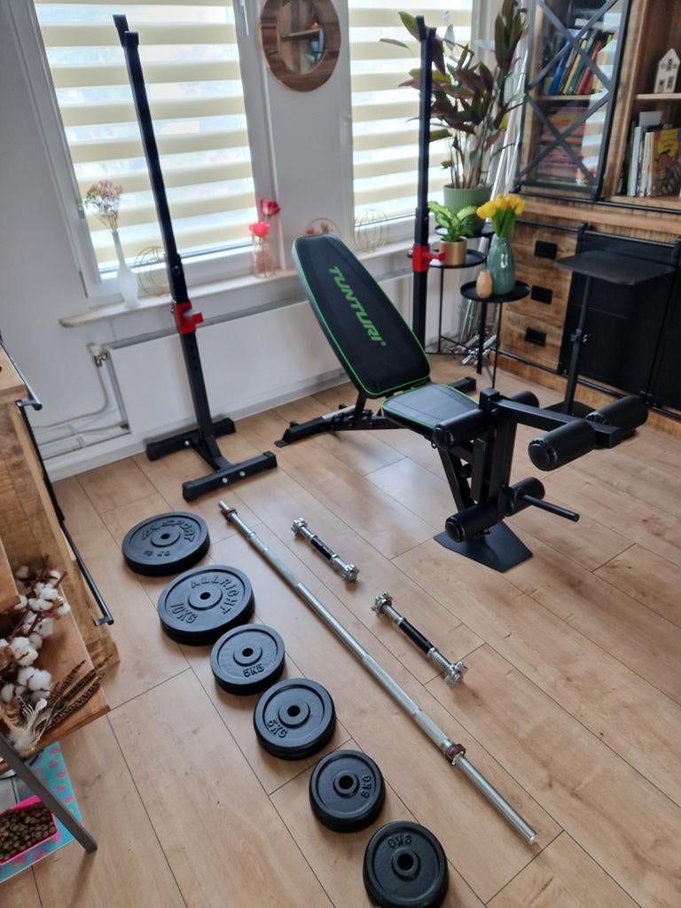 haltersteunen bankje rechte stang dumbels en ijzer gewichten, Sport en Fitness, Fitnessmaterialen, Ophalen, Zo goed als nieuw