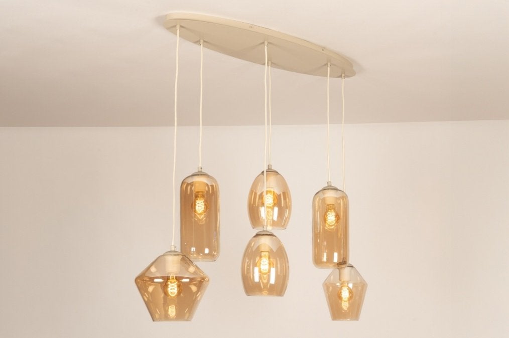 hanglamp beige ovaal champagne glas bar tafel eettafel lamp, Ophalen of Verzenden, Nieuw, Glas, Minder dan 50 cm