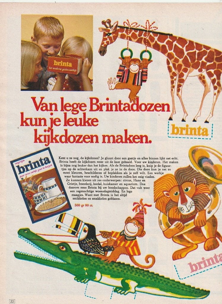 Retro reclame 1969 Brinta pap circus knutseldoos, Verzamelen, Retro, Verzenden, Overige typen