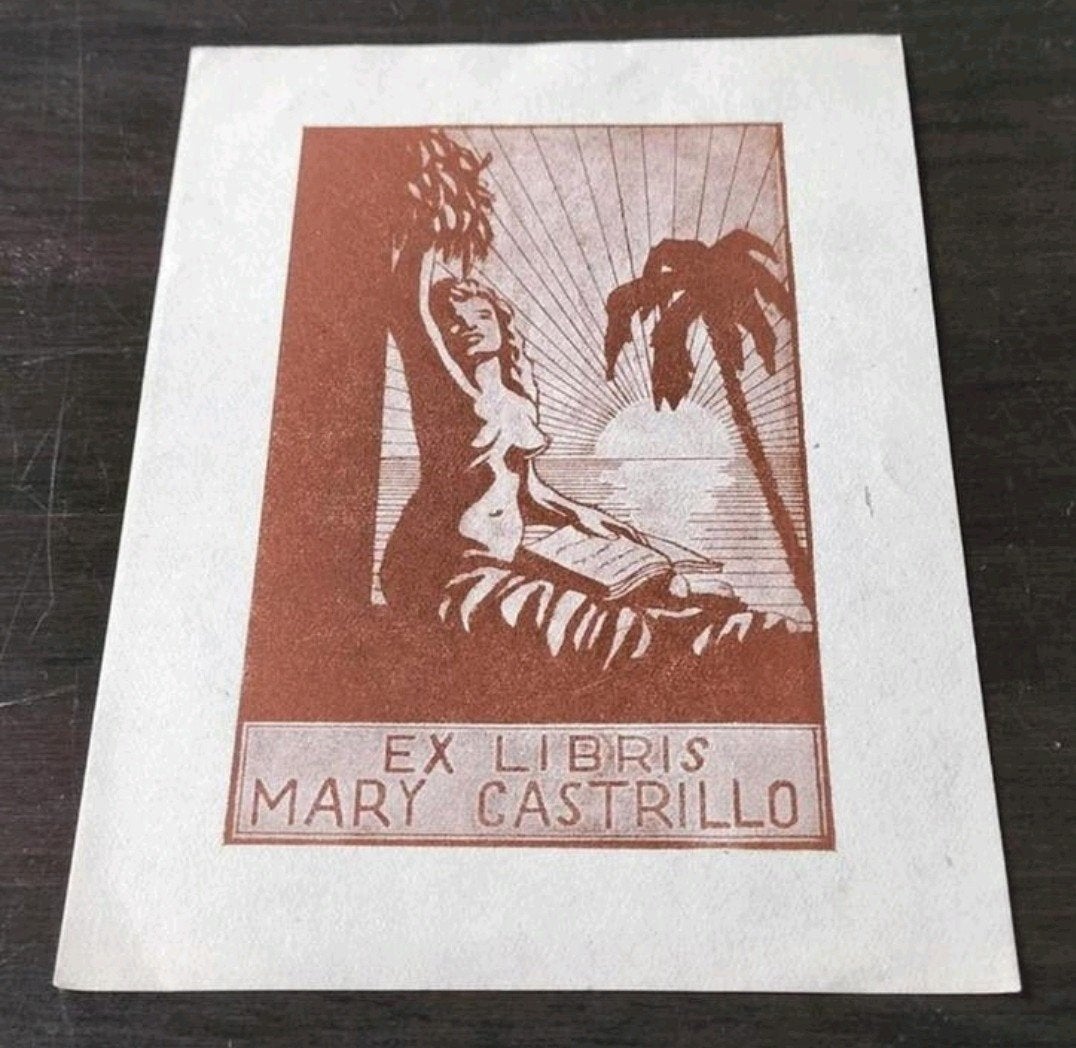 Exlibris Mary Castrillo (naakt, vrouw, palmboom, zon, zee), 14 cm, Origineel, 10 cm, 1900 - 1949