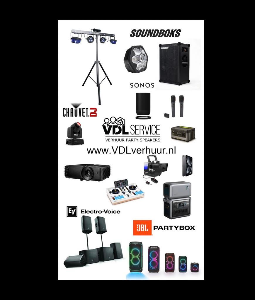 Party Verhuur - VDLservice - Speakers, Licht, Tenten, &meer!, Zo goed als nieuw, 120 watt of meer, Front, Rear of Stereo speakers