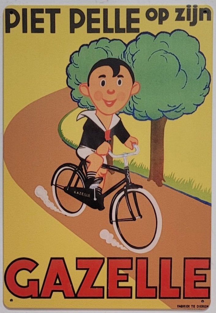 Piet Pelle op zijn Gazelle fiets reclamebord van metaal deco