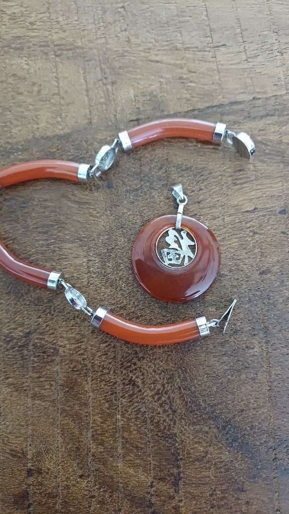 Vintage armband en hanger van carneool met zilverkleur, Sieraden, Tassen en Uiterlijk, Armbanden, Overige materialen, Ophalen of Verzenden