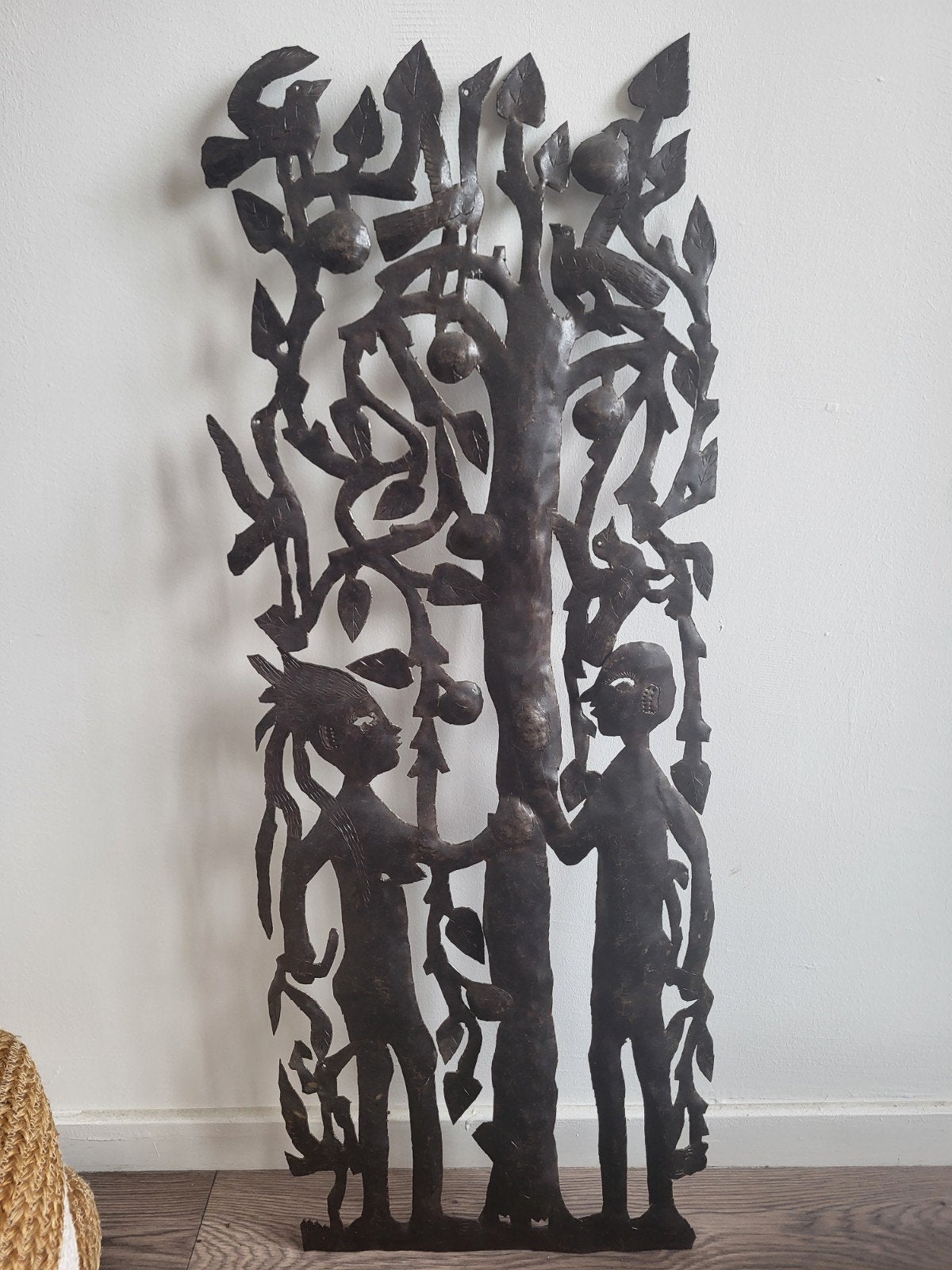 Metalen wanddecoratie: Adam en Eva (kunst uit haïti), Overige herkomsten, Ophalen, Wanddecoratie, Metaal