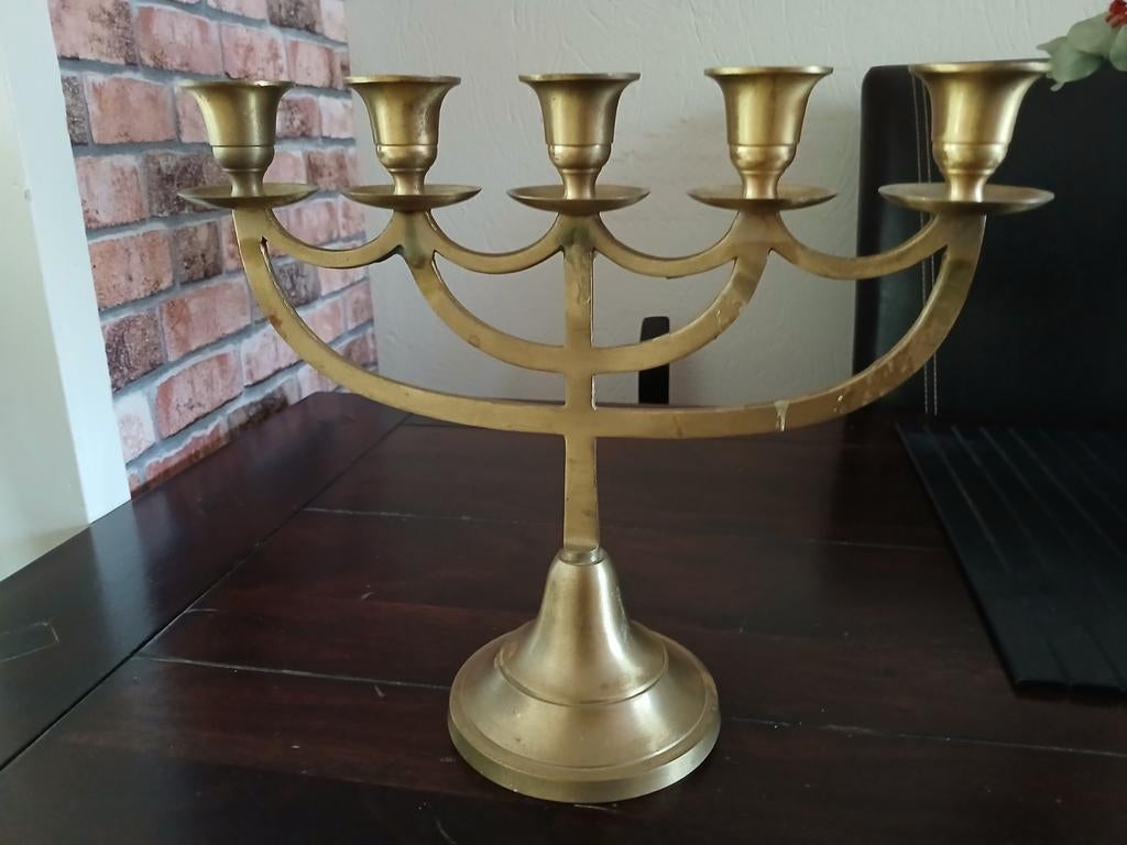 Koperen Menorah Kandelaar - 5-armig, Antiek en Kunst, Ophalen of Verzenden, Koper of Brons