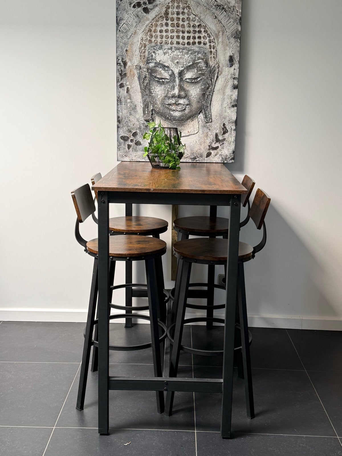 Bartafel met 4 krukken - Industrieel design, Ophalen, Zo goed als nieuw, 90 cm of meer, 4 krukken