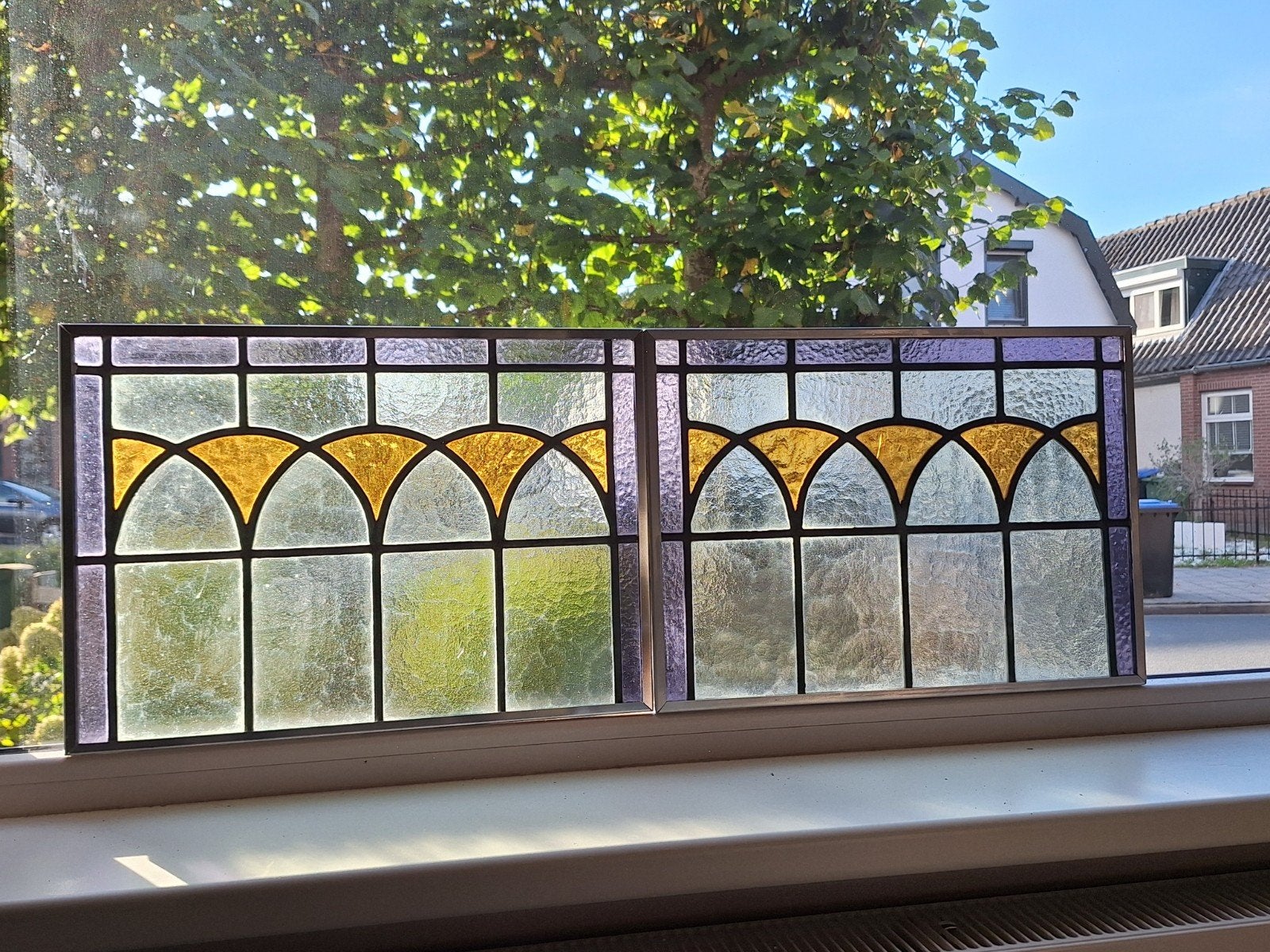 Jaren '30 glas in lood raam 48.5x35  2 stuks met aluminium o, Doe-het-zelf en Verbouw, Ophalen, Gevelraam of Ruit, Gebruikt, Minder dan 80 cm