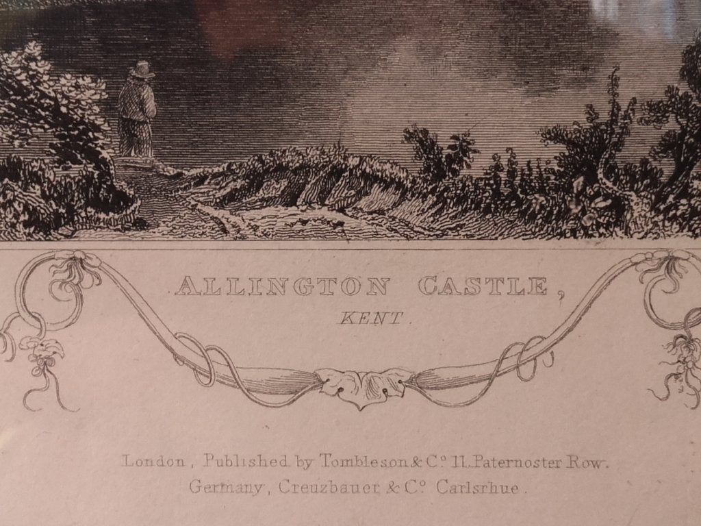 Allington castle mooie antieke ingelijste ets uit Engeland., Ingelijst, 1800 - 1899, Ets, Ophalen of Verzenden