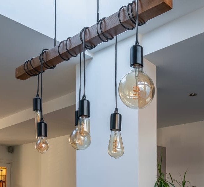 Industriële Houten Balk Hanglamp met 5 Edison Lampen, Ophalen, Zo goed als nieuw, Hout, E27 (groot)