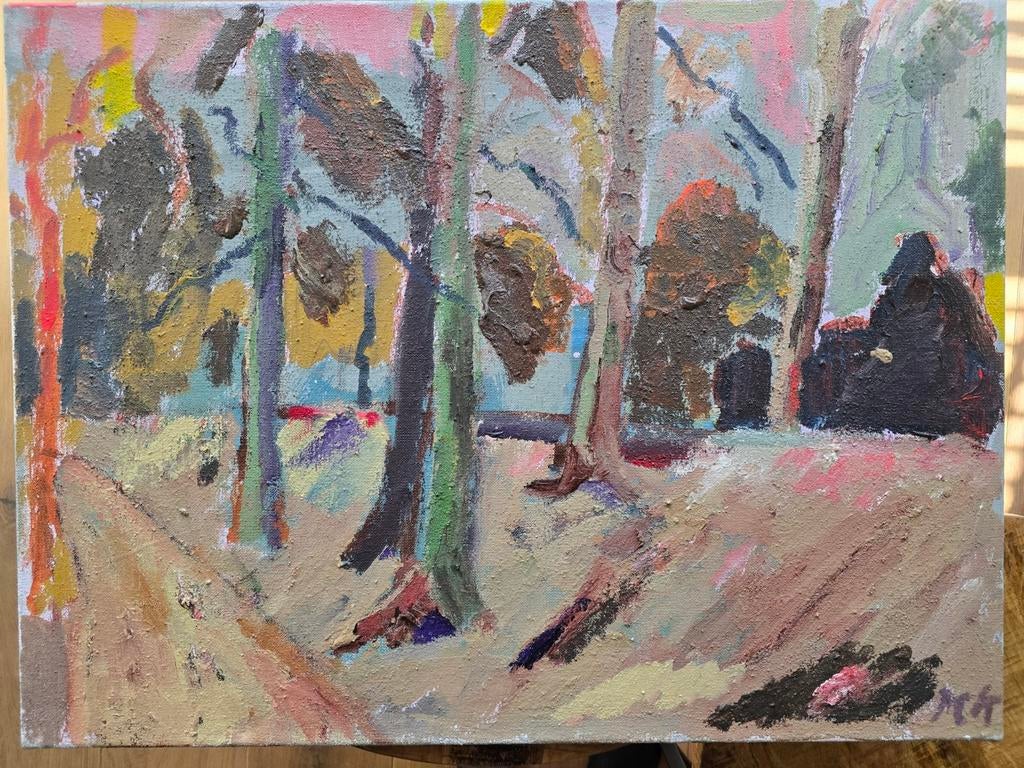 Groot schilderij P.C. Kuiper - Boslandschap (gesigneerd), Ophalen of Verzenden