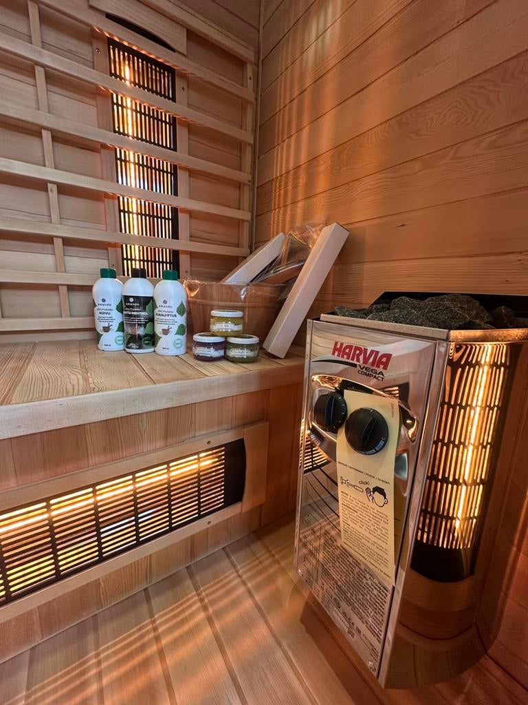 COMBI SAUNA INFRAROOD MET OPGIETKACHEL GRATIS BEZORGD! 🚚, Ophalen of Verzenden, Zo goed als nieuw, Fins of Traditioneel, Complete sauna