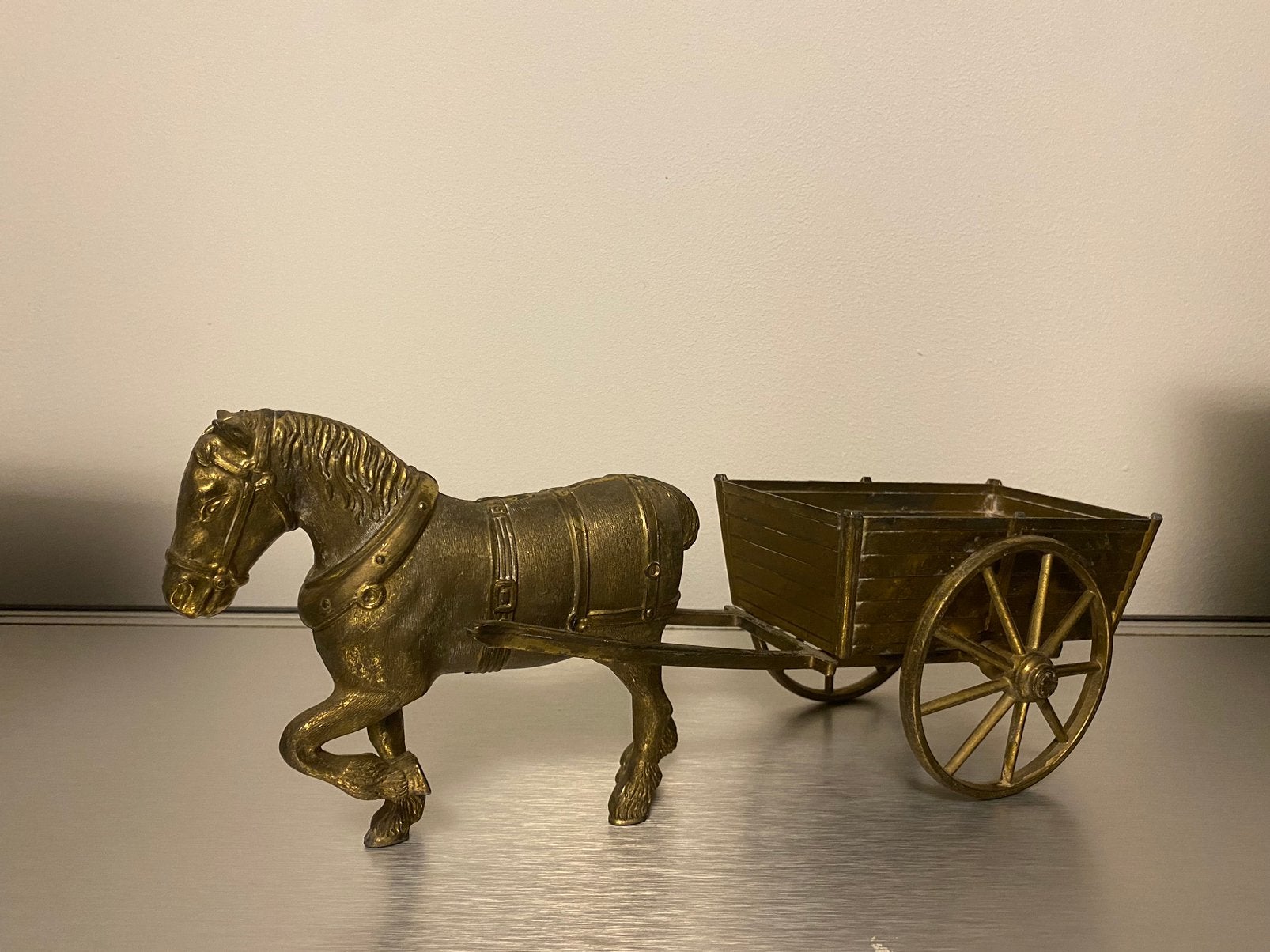 Koper messing paard met kar antiek beeld 40cm groot, Ophalen of Verzenden